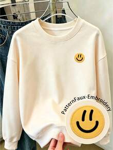 Girls Casual Crew Neck Sweatshirt, Faux Embroidered Smiling Face Pattern, Soft Comfortable Pullover, Autumn/Winter Daily Wear - Apricot - View 3
