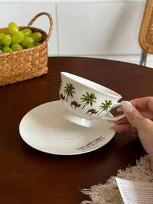 1pc Palm Tree Camel Ceramic Coffee Cup And Saucer, Suitable For Daily Home Use, Kitchen, Restaurant, Cafe, Office; Perfect For Espresso And Arabic Coffee. Saudi Style Coffee Cup, Ideal For Afternoon Tea, Cafe And Kitchen - Perfect Gift. - Multicolor - View 2