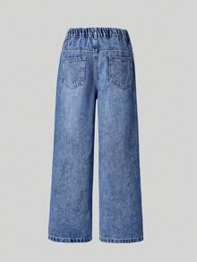 Boys' Fashion Sand-Washed Casual Wide Leg Loose Blue Denim Jeans, Suitable For Back To School And Streetwear - Blue - View 3