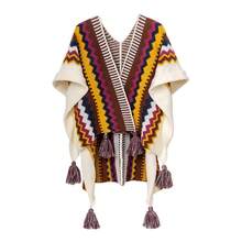CAMEL CROWN Poncho Rajut Boho, Selendang, Bungkus, Kardigan Berumbai, Bagian Depan Terbuka, Pola Geometris, Jubah, Sweater, Leher V, Ruana Longgar yang Nyaman untuk Musim Gugur - Rocky Brown - View 6