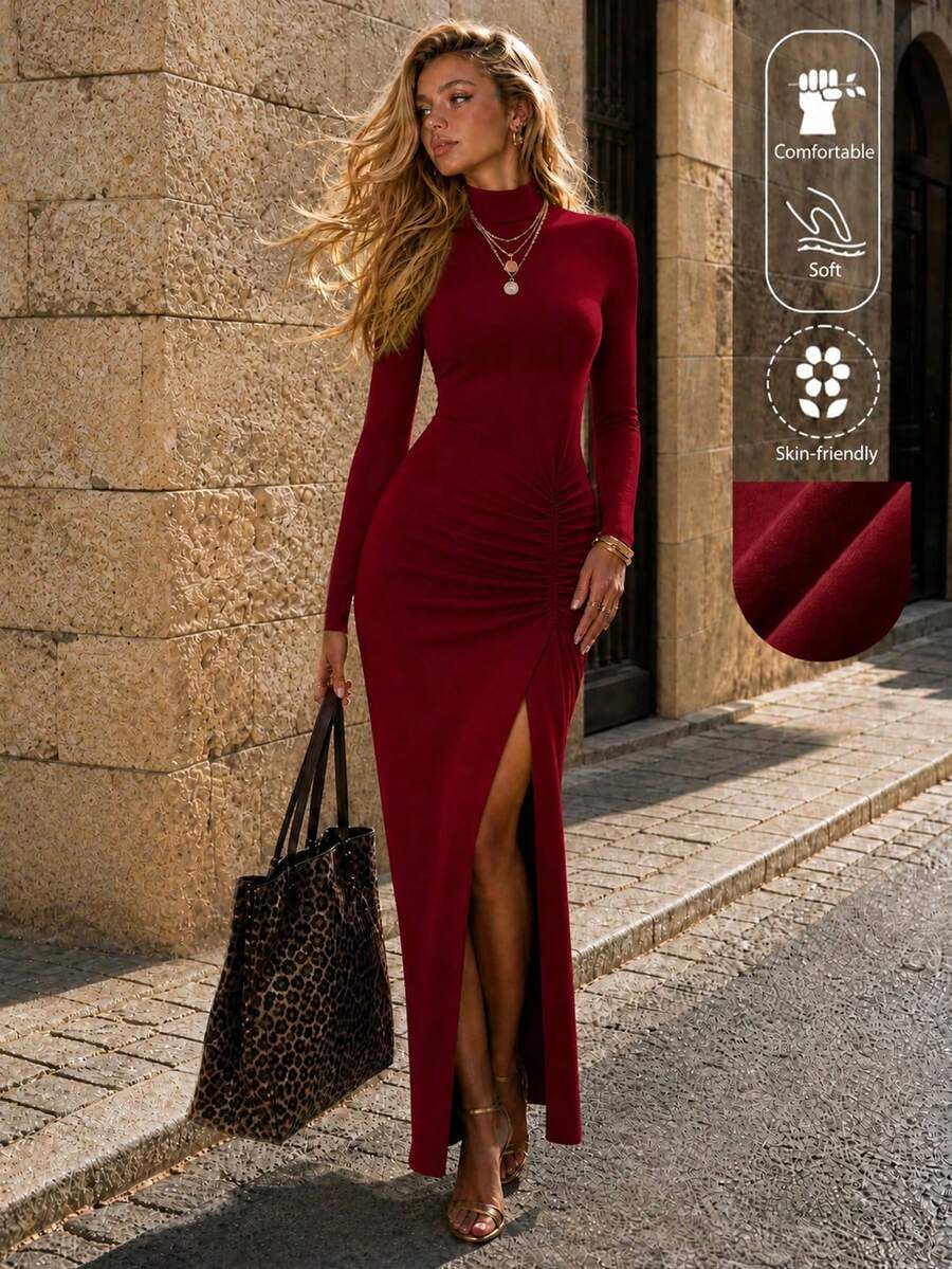 EARO 女士时尚性感高开衩紧身连衣裙,美式休闲日常弹力腰修身显瘦高腰A字连衣裙,优雅春季款 - 酒紅色 - 查看 1