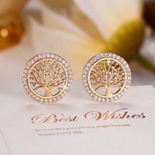 1 Pair Round Tree Of Life Hollow Stud Earrings With Rose Red Rhinestone Circle Surround, Exquisite Niche Elegant Gift Decorative Earrings For Women - Earrings - View 1