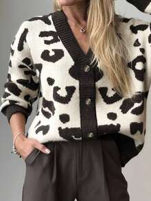 Women's Plus Size Leopard Print Knit Cardigan, V-Neck Long Sleeve Button-Up Regular Fit Autumn Fashion Top - Multicolor - View 3