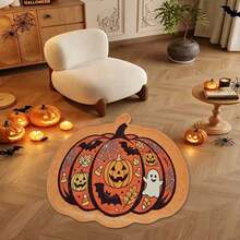 1pc Halloween Pumpkin Ghost Pattern Decorative Rug, Modern Style Faux Cashmere Irregular Shaped Bathroom Mat, Personalized Decorative Welcome Mat, Outdoor Door Mat, Kitchen Rug, Home Decor, Front Door Mat, Small Rug, Outdoor Mat, Home Decor, Rug, Garden Rug, Washable Rug, Suitable For Kitchen, Bathroom, Dining Room, Entryway, Party, Gathering, All Seasons - Multicolor - View 4