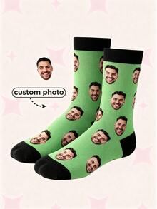 1 Pair Customizable Neutral Face Socks, Add Your Own Photo Design Exclusive Socks, Couple Style, Suitable For Family - Green - View 3