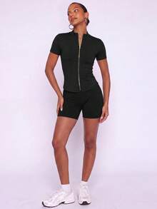 VUTRU 1pc Women's Fitted Short Sleeve Sports Jacket With Zipper Stand Collar, Running And Fitness Black - Black - View 5
