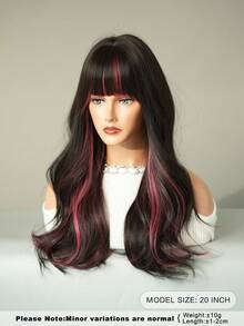 AKAKO Peruca Longa Ondulada de 20 Polegadas com Mechas Rosas e Franja, Fibra Sintética Resistente ao Calor, Acessório de Moda para Fantasia de Halloween, Uso Diário, Cosplay e Festa de Festival de Música - Multicolorido - Visão 5