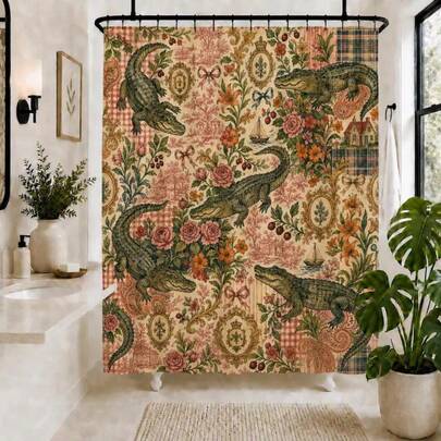 Vintage Floral Alligator Shower Curtain, Botanical Crocodile Pattern, Bathroom Decor, Bathroom Accessories, Gifts For Christmas, Halloween, And Birthdays, Housewarming. Party Decoration