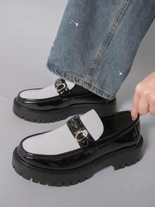 Men's Versatile Business Casual Thick Sole Height-Increasing Slip-On Black & White Colorblock Loafers - White - View 8