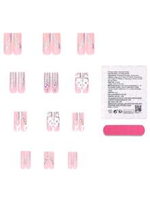 24PCS Long Square Press On Nails, Sheer Nude Base With Iridescent Glitter French Tips, 3D White Hand-Sculpted Flowers, Shiny Teardrop & Round AB Rhinestone Inlay. Elegant Luxury Reusable False Nails Suitable For Wedding, Party - Multicolor - View 5