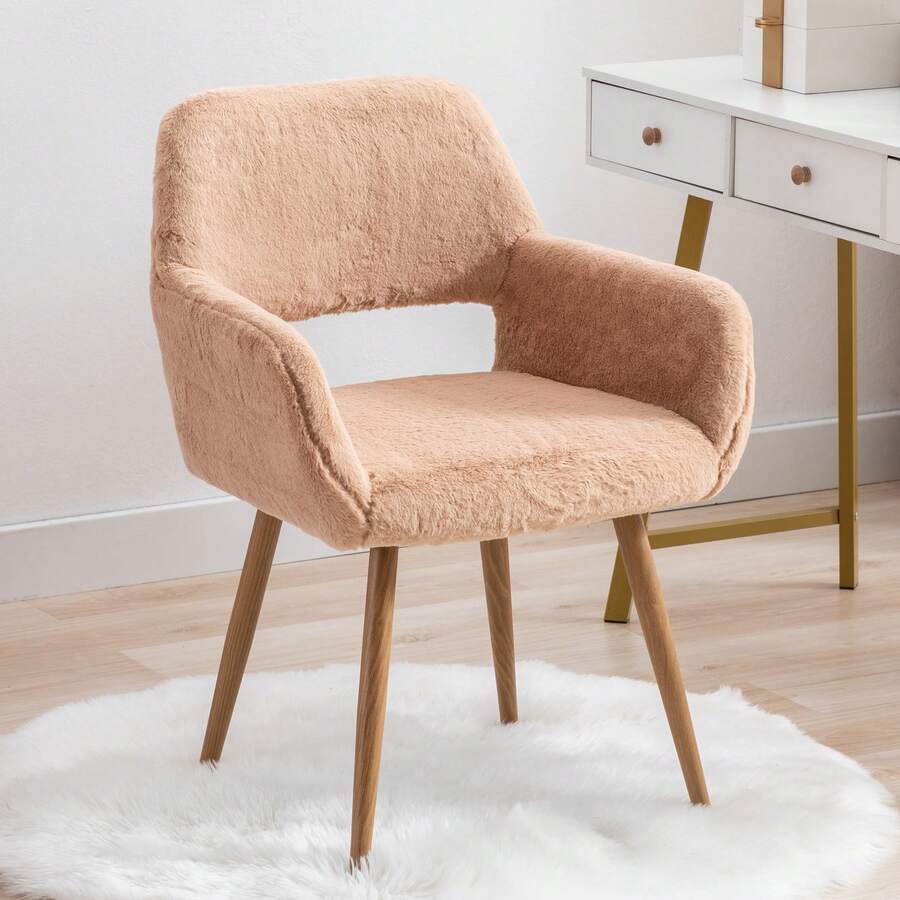 HengMing Dining Chairs With Faux Fur Upholstery, Modern Mid-Century Style Dining Chairs With Solid Lacquered Steel Legs - 駝色 - 查看 1