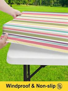 Juego de 3 piezas de mantel para picnic con funda para banco, diseño de borde elástico, patrón a rayas, mantel rectangular lavable, adecuado para bodas, camping, picnics, fiestas en el jardín y talla grande, esencial práctico - D - Ver 6
