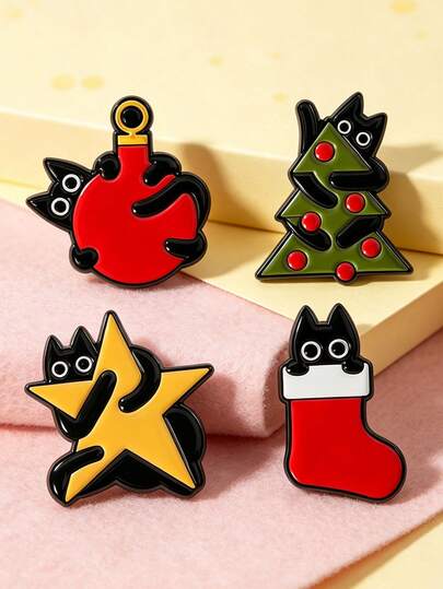 4pcs/Set Cute Christmas Black Cat Brooch, Christmas Tree Star & Stocking Lapel Pin, Decor Pin For Women's Bags & Clothes, Holiday Gift For Friends
