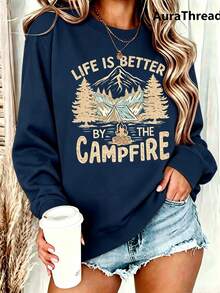 Suéter gráfico de campamento para mujer - "La vida es mejor junto a la fogata" Diseñ de montaña y árbol de pino, suéter de cuello redondo cálido para otoño e invierno, de elastici - Azul marino 3 - Ver 3