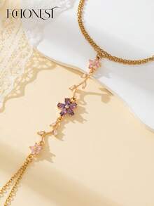 EchoNest 1pc Gold Stainless Steel Purple Flower Finger Chain Bracelet With Zirconia, Holiday Party Finger Chain Decorative Accessory - Yellow Gold - View 3