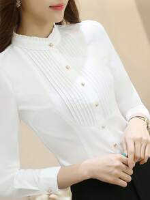 2026春秋新款女士长袖抗皱衬衫，韩版办公制服工作服上衣 白色 - 白色 - 查看 6