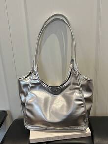 Premium Large Capacity Women's Handbag, Fashionable Versatile Casual Minimalist Commuter Shoulder Tote Bag - Silver - View 8