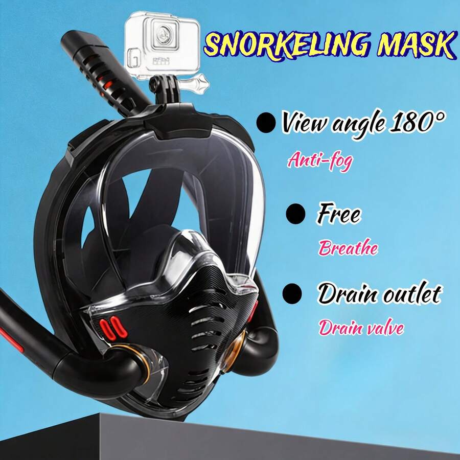 Adult Full Face Snorkel Mask With Camera Mount And 180° Wide Field Of View, Anti-Fog And Leak-Proof, Dry Top Breathing System Dual-Tube Diving Mask, Suitable For Snorkeling, Swimming Training And Other Water Activities