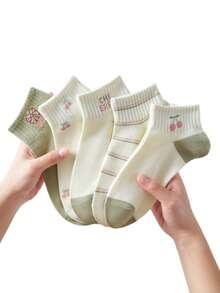 5 Pasang Kaos Kaki Wanita Motif Garis-Garis Ceri Acak, Kaos Kaki Pendek Motif Buah Segar, Kaos Kaki Pendek yang Lucu dan Manis - MultiWarna - View 5