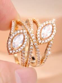 1 Stylish Double-Layer Interlaced Openwork Full-Set Cubic Zirconia Double-Centerstone Design Women's Ring - A Glamorous Evening Ring For Women - Yellow Gold - View 8