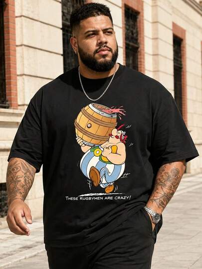 Plus Size Funny Cartoon Print Sports Tee, Outdoor Hiking Fitness, Casual Sports, 3D Printing, Quick-Dry Breathable, Polyester Smooth Fabric Black Summer