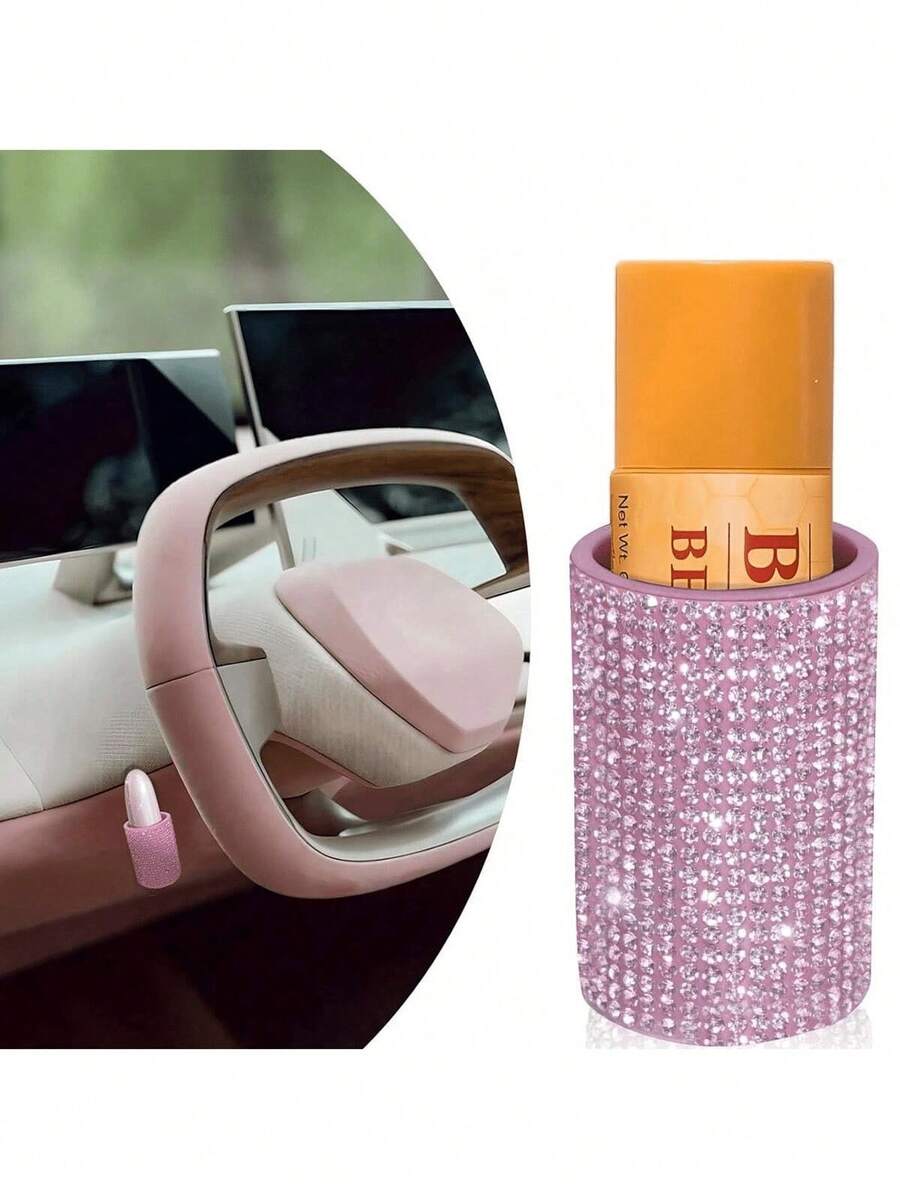 1pc Shiny Rhinestone Car Lipstick Holder, Portable Wall-Mounted Cosmetic Storage Box With Adhesive Back, Car Accessory, Nail Art Supplies, Travel Essential, Room Decor, Nail Storage Box
