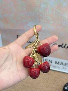 HXXOOS 1pc Y2K Cherry Bag Charm Pendant, Vintage Gold Cherry Keychain, Luxury Resin Fruit Keyring Accessories For Women Bag Backpack Decoration - Red - View 11