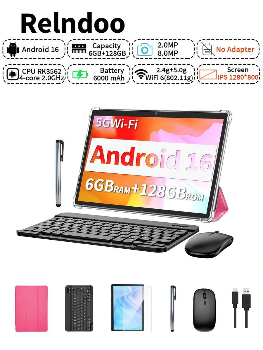 Relndoo 10-Inch Android 16 Tablet, 2-In-1 Tablet, 26GB RAM (6GB + 20GB) + 128GB Storage/RK3562 Quad-Core 2.0 GHz/2MP + 8MP Dual Camera/1280x800 IPS Touchscreen/Wi-Fi 6/6000mAh Battery/With Keyboard/Mouse/Stylus/Protective Case Tablet, Certified Tablet (Adapter Not Included) - Pink - View 1