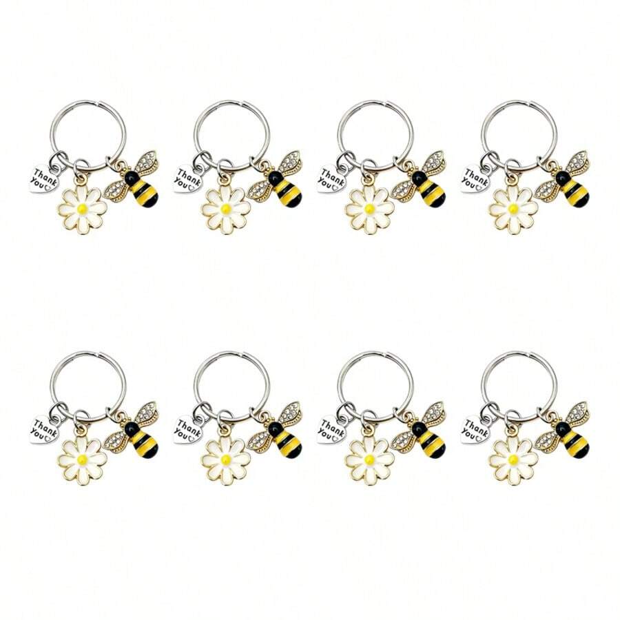 8pcs Honey Bee & Sunflower Thank You Keychains, Bee + Sunflower + Thank You Letter Design, Perfect For Birthday, Wedding, Teacher's Day And Graduation Gifts, Suitable For Back To School And Graduation Season