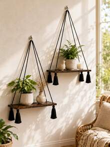 1pc Floating Wall Shelf Bohemian Style Woven Wooden Bedroom Wall Storage Rack Home Decor Room Decoration Storage Shelf Bathroom Storage Rack Bedside Bookshelf Key Holder Wall Decor Shelf Plant Stand Flower Rack Suitable For Living Room Balcony Entryway And Corner - Single Layer - View 1