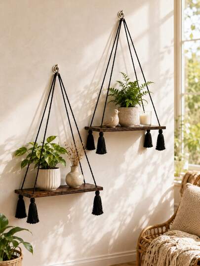 1pc Floating Wall Shelf Bohemian Style Woven Wooden Bedroom Wall Storage Rack Home Decor Room Decoration Storage Shelf Bathroom Storage Rack Bedside Bookshelf Key Holder Wall Decor Shelf Plant Stand Flower Rack Suitable For Living Room Balcony Entryway And Corner