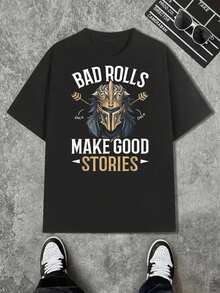 Men's T-Shirt For RPG Players| Bad Rollin Make Good Stories Pattern - Retro Loose-Fit Casual T-Shirt, Suitable For Board Games, Year-Round - Black - View 1