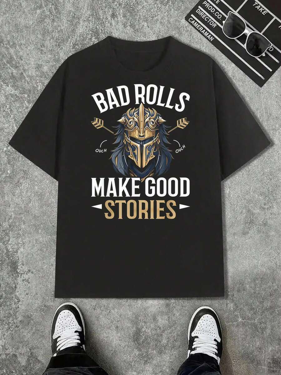 Men's T-Shirt For RPG Players| Bad Rollin Make Good Stories Pattern - Retro Loose-Fit Casual T-Shirt, Suitable For Board Games, Year-Round - Black - View 1
