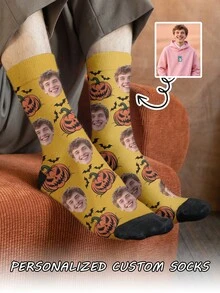 1 Pair Customized Face Photo Men's Halloween Socks, Halloween Costume, Birthday, Valentine's Day Gift, Halloween Prank Gadget, Colorful Cartoon Print, Combines Personality And Fun, Suitable For Daily Wear, Home, Commuting - Multicolor - View 3