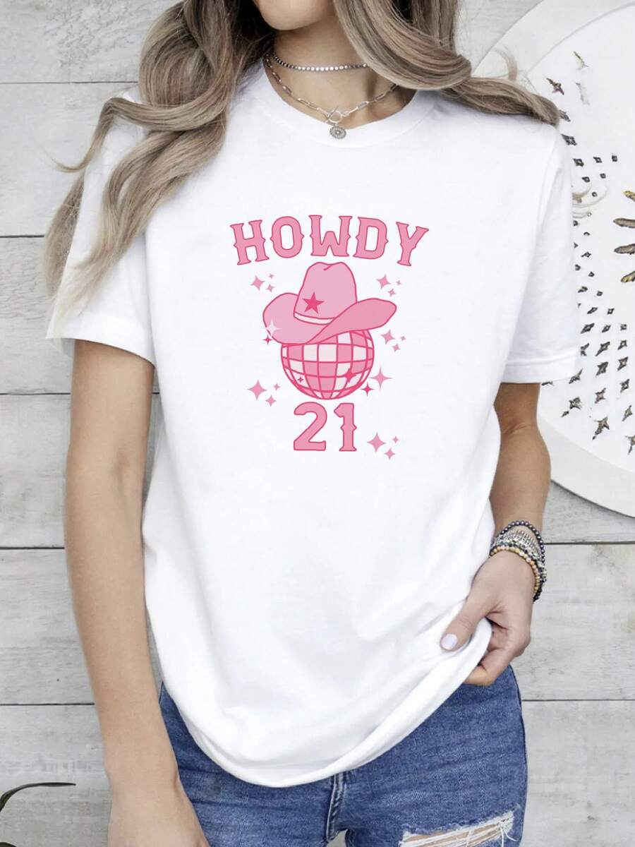 Camiseta de mujer con estampado unisex Y2K retro occidental "Howdy" para 21º cumpleaños, estampado gráfico de sombrero de vaquero rosa disco, camiseta casual. - Blanco - Ver 1