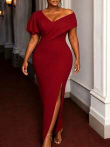 AOMEI Elegant Charming Women's Red V-Neck Puff Sleeve Slim Fit Bodycon Dress For Birthday Party,Wedding Guest, Formal Dinner Fall - Red - View 6