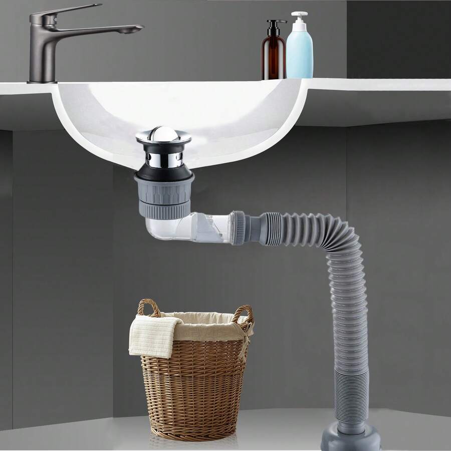1pc Bathroom Sink Drain Kit With Extendable P-Trap, New Odor-Proof Space-Saving Drainage Pipe For Home, Modern Minimalist Under-Counter Sink Anti-Odor Device, Universal Fit For With Or Without Overflow, High-Quality Heat-Resistant And Anti-Freeze Cracking, Suitable For Bathroom And Kitchen Sinks, Effective Odor Control Drainage