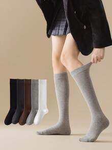 1/5 Pairs Women's Long Socks, Calf Socks, Spring/Autumn Style, Compression Slimming High Tube Half-Leg Slouch Socks, Solid Color Cotton - Multicolor - View 1