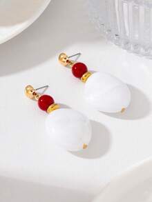 French Vintage Red Ball Acrylic Earrings, Premium White Patchwork Ear Dangle - Red and White - View 9