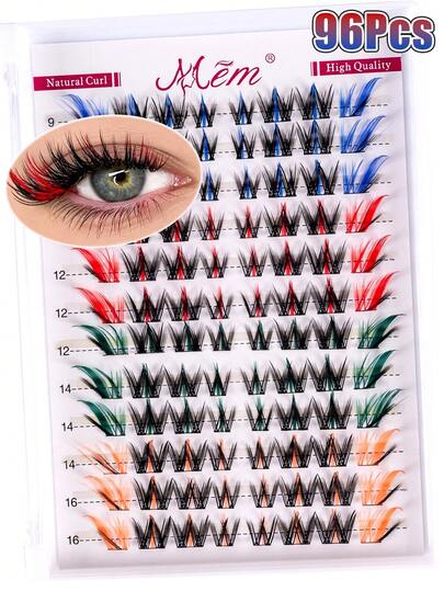 96-Cluster DIY False Eyelash Set (4-Color Mix, D-Curl, 9–16mm): Fine, Rainbow-Colored Individual Clusters-Suitable For Beginners And Perfect For Everyday Looks, Parties, Music Festivals, And Halloween.