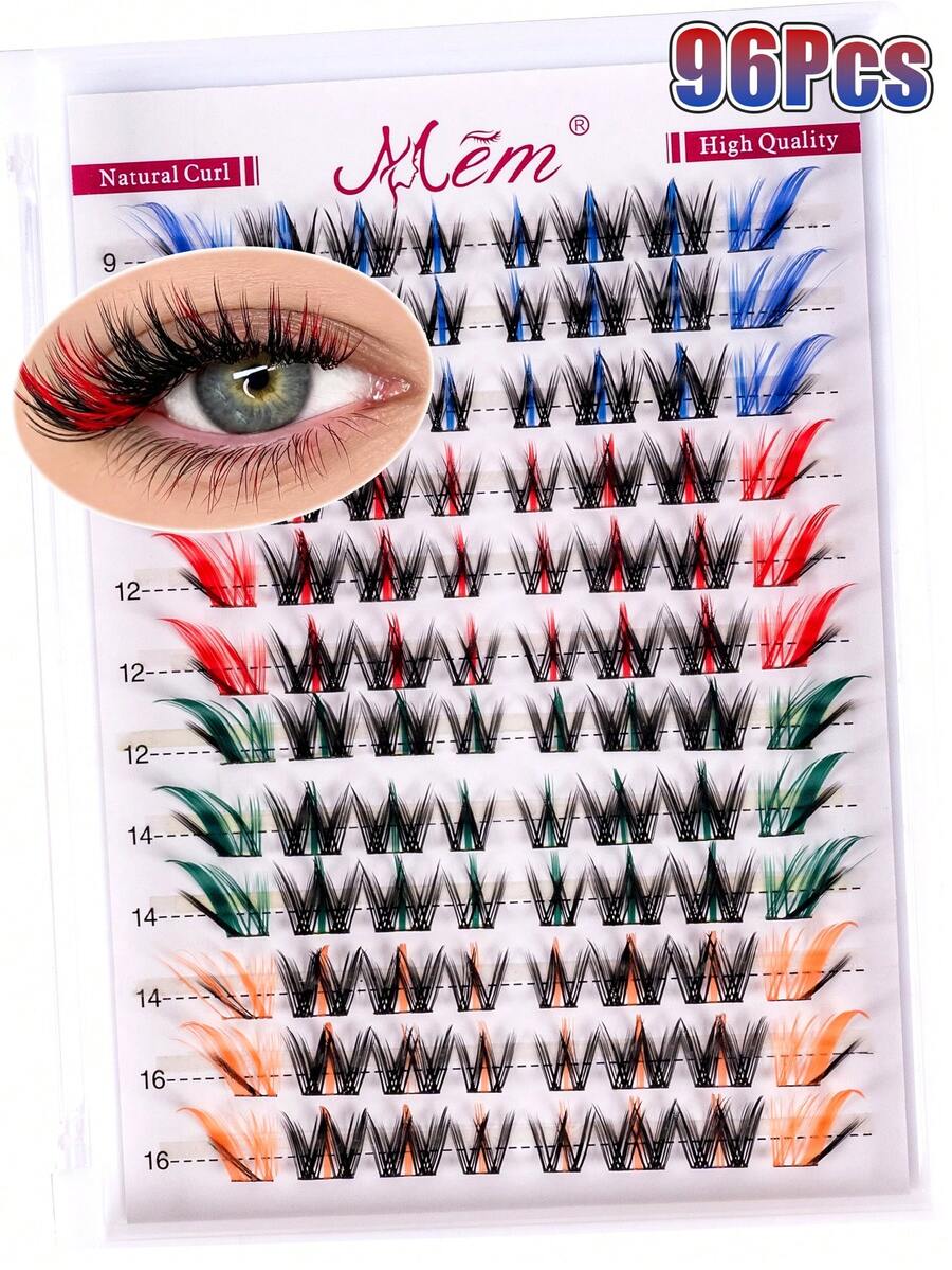 96-Cluster DIY False Eyelash Set (4-Color Mix, D-Curl, 9–16mm): Fine, Rainbow-Colored Individual Clusters-Suitable For Beginners And Perfect For Everyday Looks, Parties, Music Festivals, And Halloween. - D - View 1