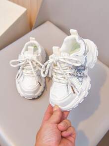 1 Pair New Girls' Sequin Rhinestone Thick Sole Sneakers, Casual Fashion Breathable Height-Increasing Chunky Sneakers - Beige - View 8