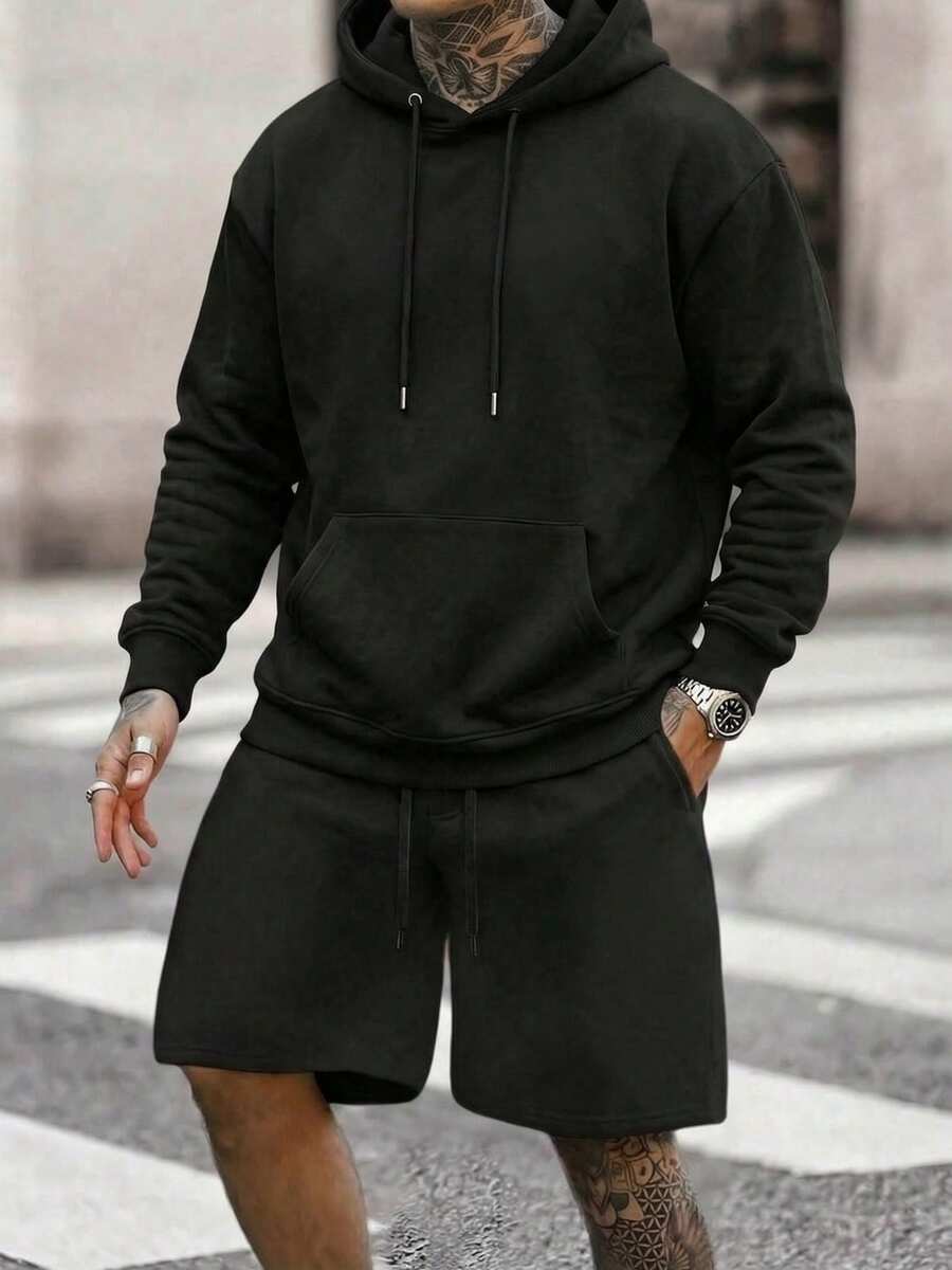 Men Hoodie Co-Ords - Black - View 1