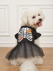 LUCKIE PAW 1pc Halloween Pumpkin Skull Pattern Flutter Sleeve Cute Princess Style Tulle Dress Suitable For Chihuahua Small Dogs Wedding Season Pet Clothes Applicable For Cats And Dogs Indoor And Outdoor - Multicolor - View 2