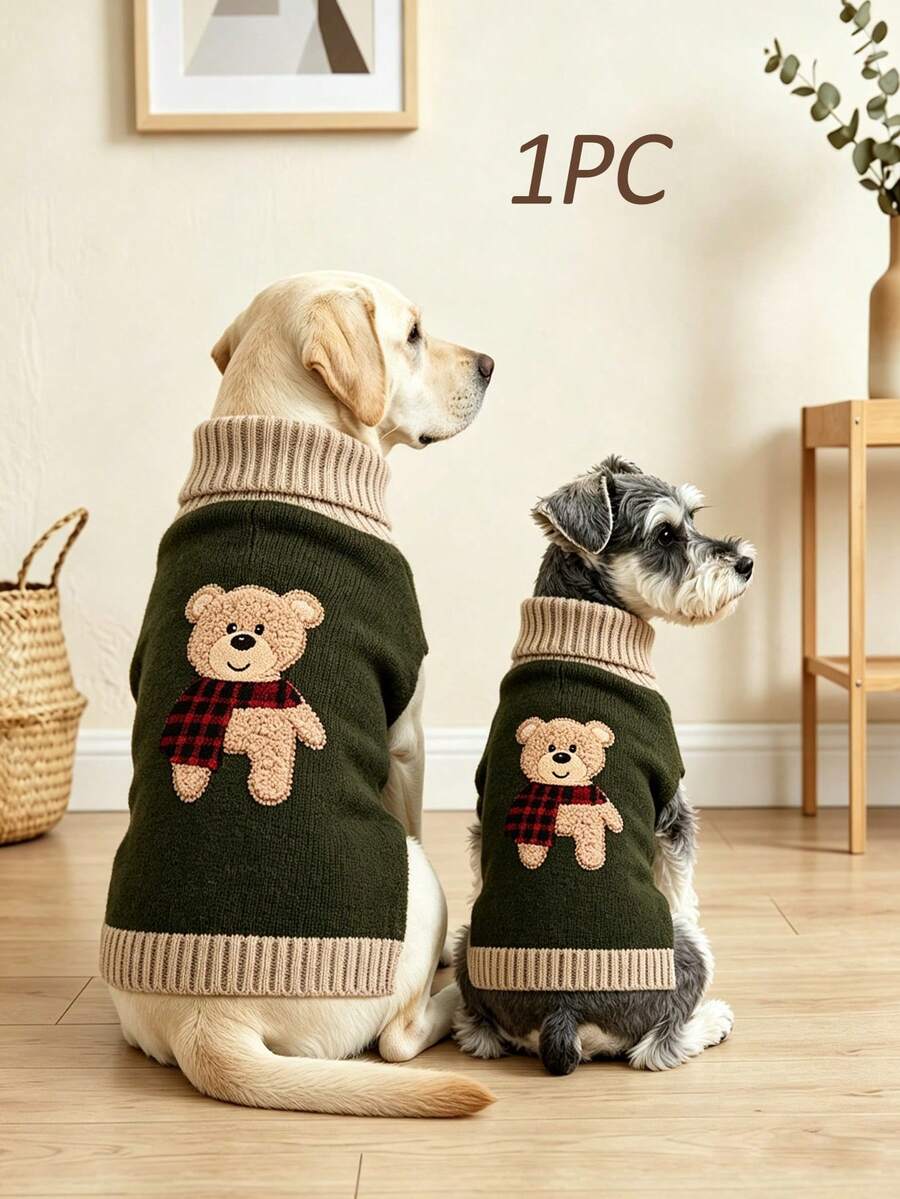 1pc Cute Bear Embroidery Pet Sweater, Soft Comfortable Knitted Cardigan, Suitable For Small Medium Large Dogs, Thickened Knitted High Neck Design, Elastic Warm, Suitable For Schnauzer Bichon Frise Winter Clothing