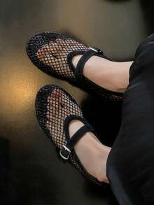 Women's Square Toe Mesh Rhinestone Slip-On Flat Mary Jane Ballet Shoes Crystal Grid Party Wedding Summer Sandals - Black - View 8