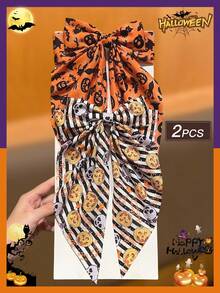 Women's Halloween Bow Hair Clip Set, Pumpkin Bat Ghost Print Long Tail Bow Hair Clips For Women And Girls, Halloween Party Cosplay Daily Hairstyle Accessories, Women's Hair Accessories, Street Photography Hair Accessories, Halloween Costume, Matching Halloween Devil Party Costume Hair Accessories - Multicolor - View 10