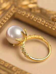 1PC Pearl Crown Open Ring, Fashionable Minimalist Micro-Inlaid Rhinestone Pearl Claw-Shaped Open Ring Crown Design Pearl Open Adjustable Ring, Light Luxury Niche Personalized Hand Jewelry, Suitable For Girls And Women To Wear - Gold - View 5