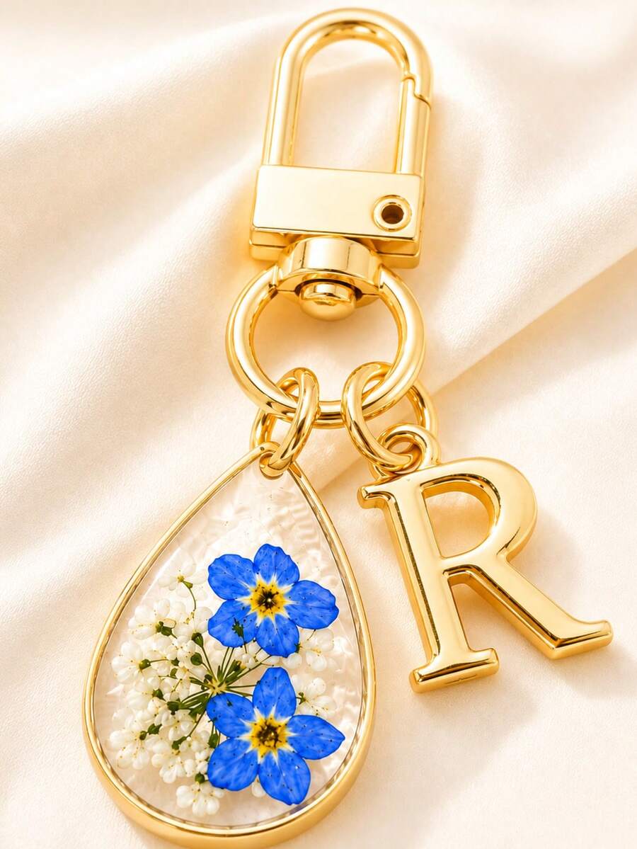 勿忘我乾燥花鑰匙圈，個性化復古樹脂包飾吊飾，波希米亞風女款鑰匙鏈，汽車鑰匙配件