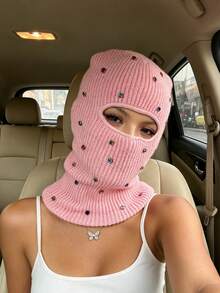 1pc Women's Y2K Rhinestone Balaclava Hat, Unisex One-Hole Knitted Head Cover, Fashionable Face Mask Cap, Suitable For Daily Streetwear And Party - Single-hole Head Cover - View 5